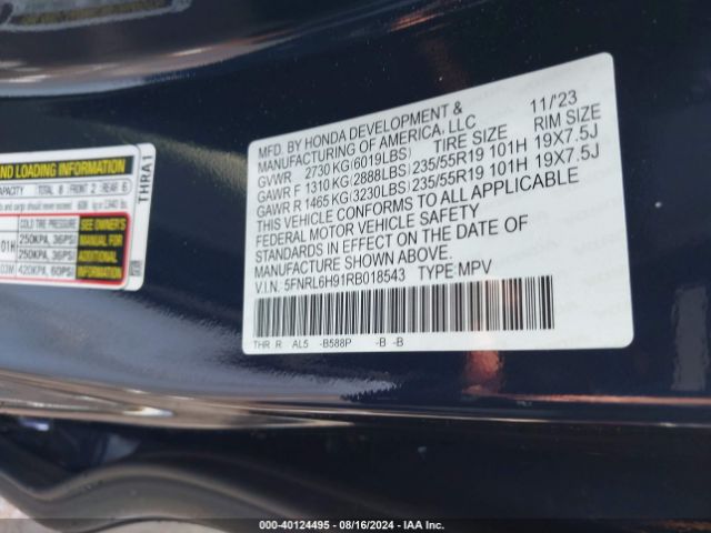 5FNRL6H91RB018543 Honda Odyssey Elite