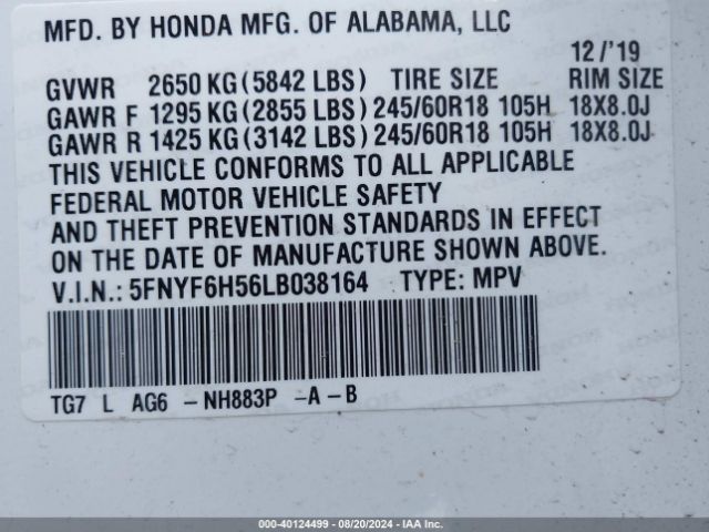 5FNYF6H56LB038164 Honda Pilot Awd Ex-l