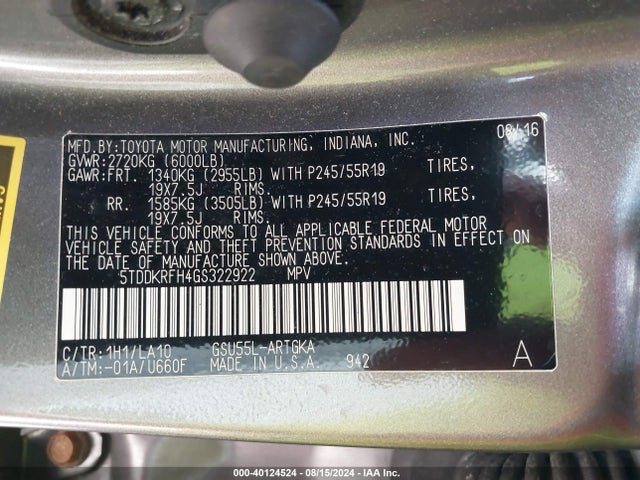5TDDKRFH4GS322922 Toyota Highlander Limited V6