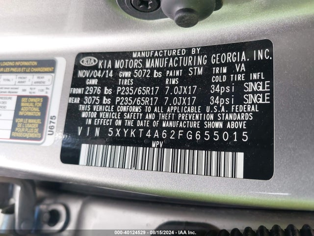 KIA SORENTO LX 2015 5XYKT4A62FG655015 Image 9
