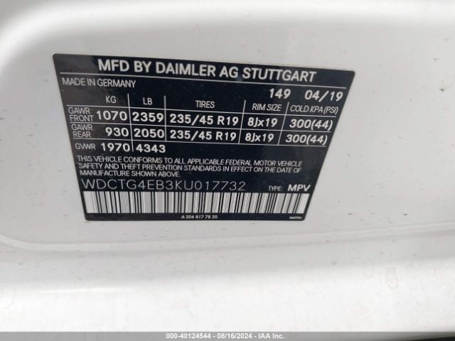 WDCTG4EB3KU017732 Mercedes-Benz GLA 250