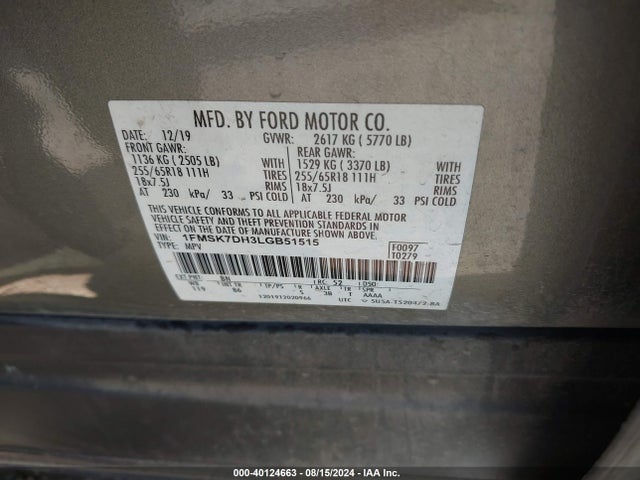 Ford EXPLORER XLT 2020 1FMSK7DH3LGB51515 Image 9