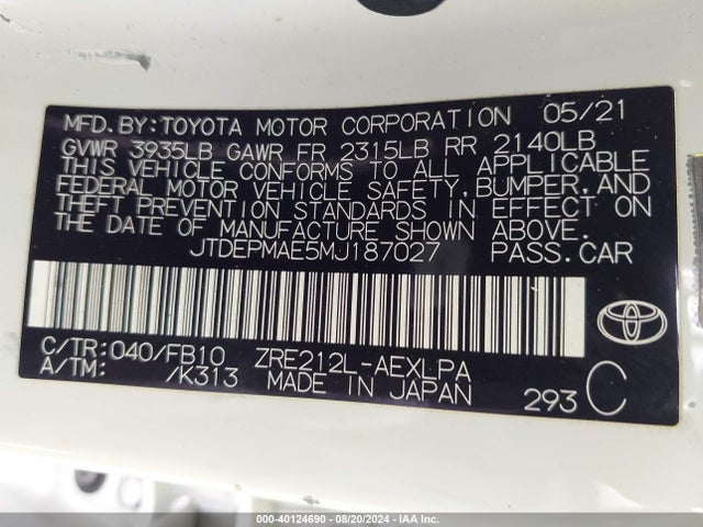 Toyota COROLLA LE 2021 JTDEPMAE5MJ187027 Image 9