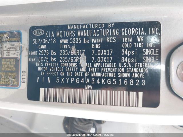 5XYPG4A34KG516823 KIA Sorento 2.4l L