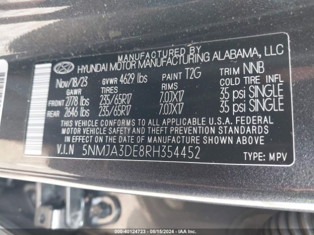 5NMJA3DE8RH354452 Hyundai TUCSON SE