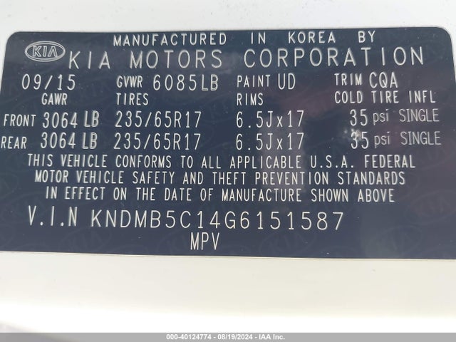 KIA SEDONA LX 2016 KNDMB5C14G6151587 Image 9