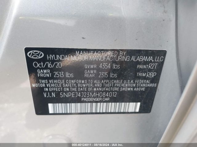 5NPEJ4J23MH084012 Hyundai Sonata Sel Plus