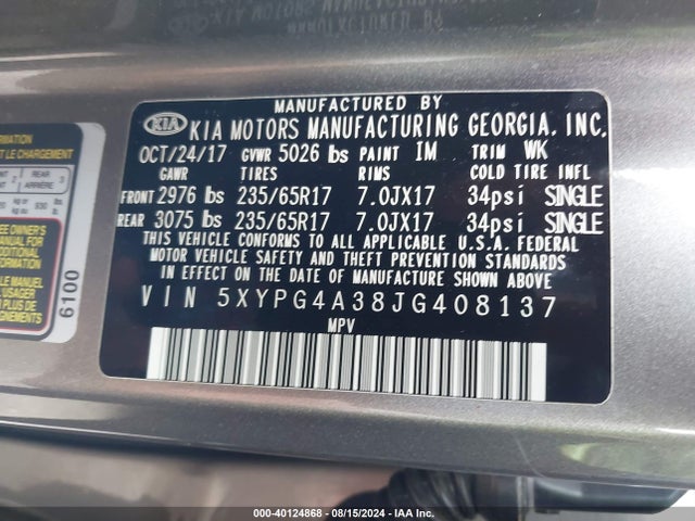 KIA Sorento 2.4l Lx 2018 5XYPG4A38JG408137 Image 9