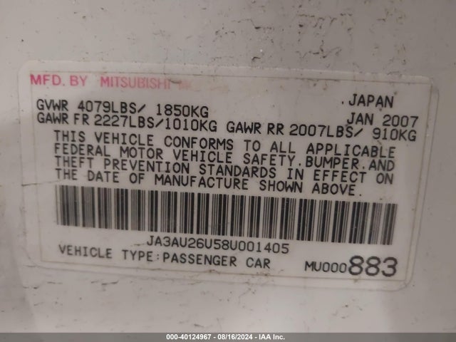 2008 MITSUBISHI LANCER JA3AU26U58U001405 Photo 8