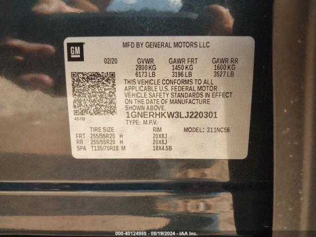 1GNERHKW3LJ220301 Chevrolet Traverse Fwd Lt Leather