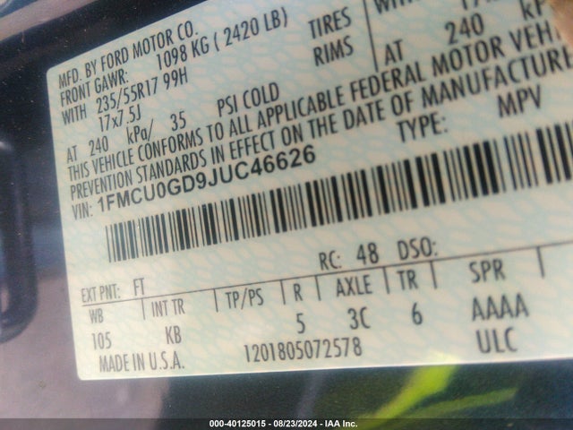 Ford ESCAPE SE 2018 1FMCU0GD9JUC46626 Image 9