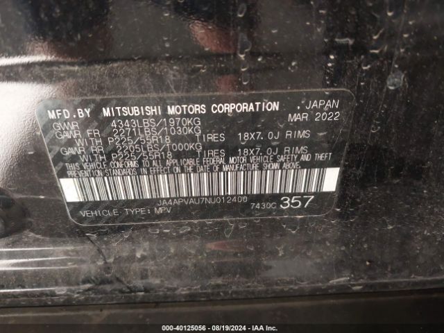 JA4APVAU7NU012400 Mitsubishi Outlander Sport 2.0 Se 2wd/2.0 Se Special Edition 2wd