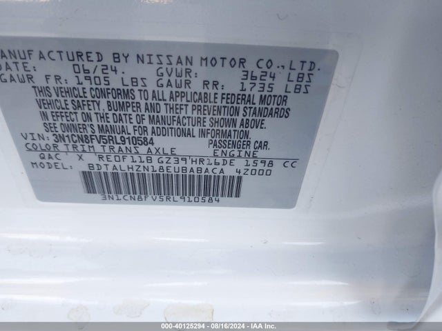 Nissan Versa 1.6 Sr 2024 3N1CN8FV5RL910584 Image 9
