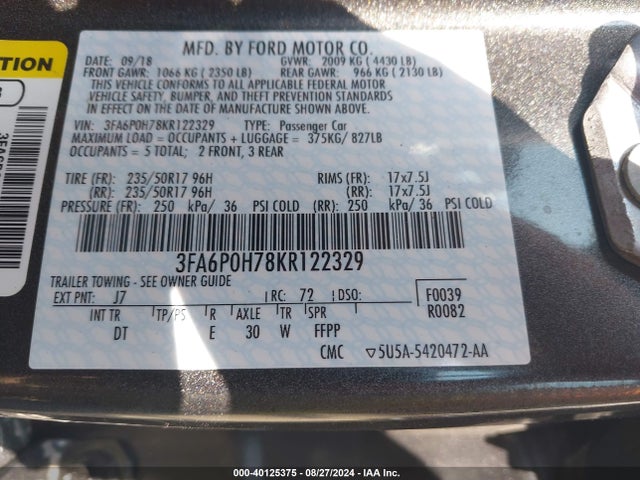 Ford FUSION SE 2019 3FA6P0H78KR122329 Image 9