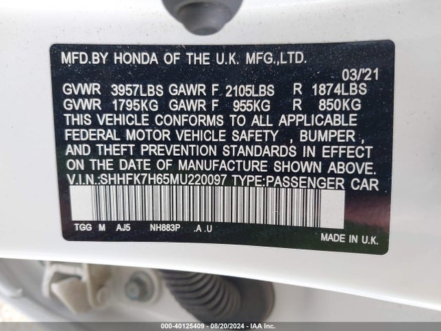 Honda CIVIC EX 2021 SHHFK7H65MU220097 Image 9