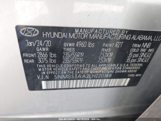 5NMS53AA2LH220148 Hyundai Santa Fe Limited 2.0t