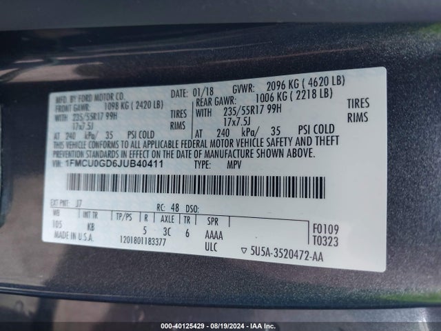 1FMCU0GD6JUB40411 Ford ESCAPE SE