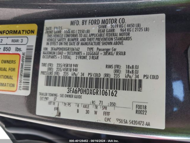 3FA6P0HDXGR106162 Ford FUSION SE