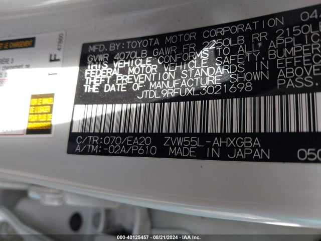 Toyota Prius Xle Awd-e 2020 JTDL9RFUXL3021698 Image 9