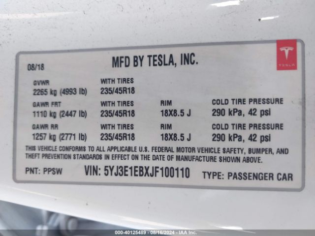 5YJ3E1EBXJF100110 Tesla Model 3 Long Range/performance