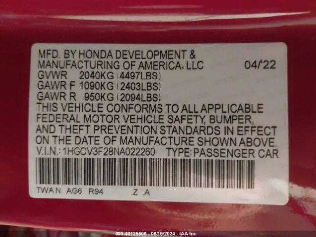 1HGCV3F28NA022260 Honda Accord Hybrid Sport