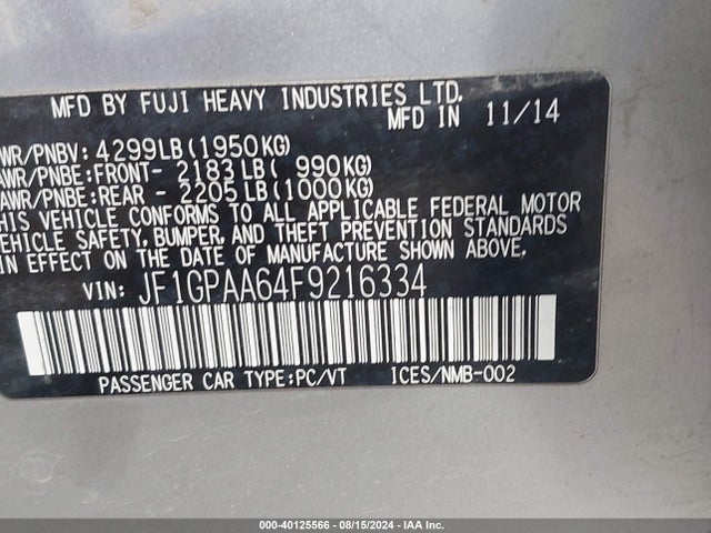 Subaru Impreza 2.0i 2015 JF1GPAA64F9216334 Image 9