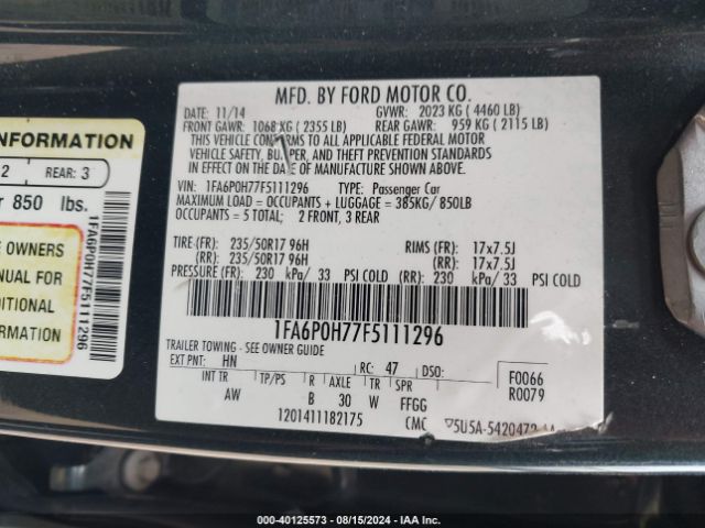1FA6P0H77F5111296 Ford FUSION SE