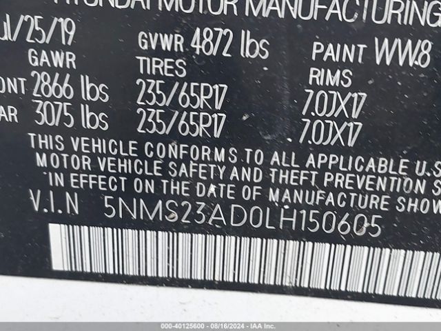 5NMS23AD0LH150605 Hyundai Santa Fe Se