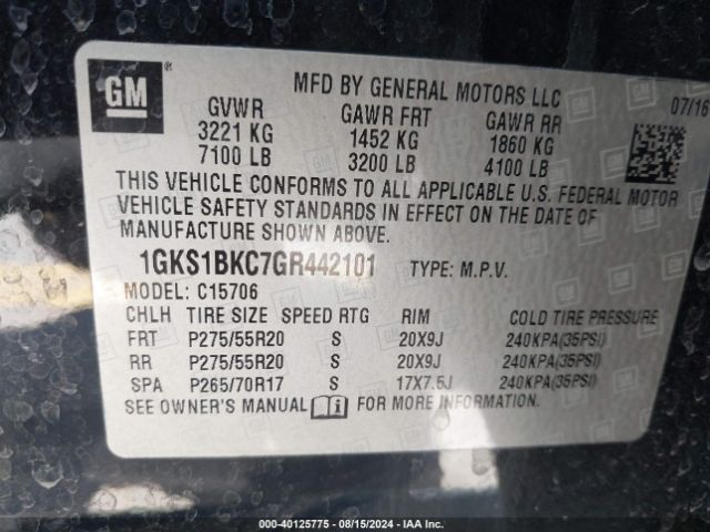 1GKS1BKC7GR442101 GMC YUKON SLT