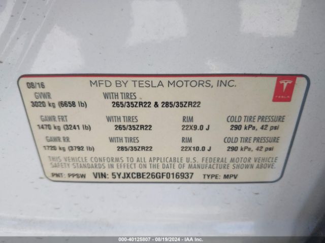 5YJXCBE26GF016937 Tesla Model X 60d/70d/75d/90d/p100d