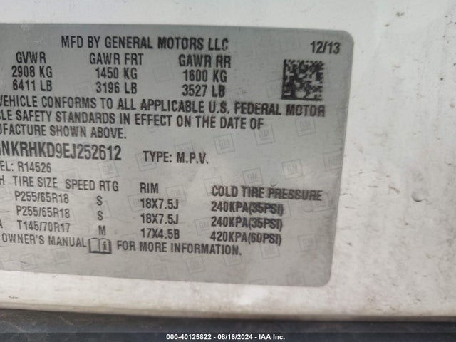 Chevrolet Traverse 2lt 2014 1GNKRHKD9EJ252612 Image 9