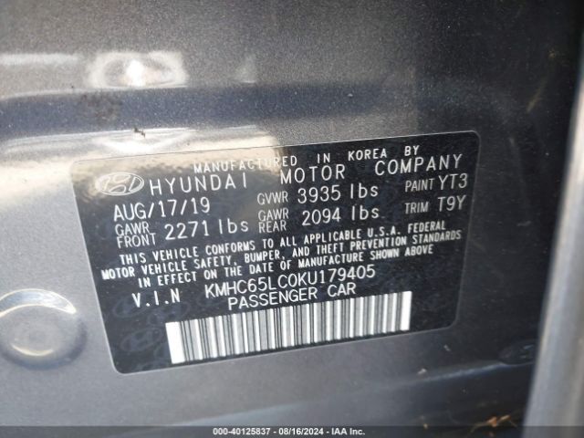 KMHC65LC0KU179405 Hyundai Ioniq Hybrid Blue