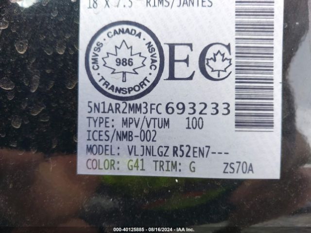5N1AR2MM3FC693233 Nissan Pathfinder Platinum/s/sl/sv