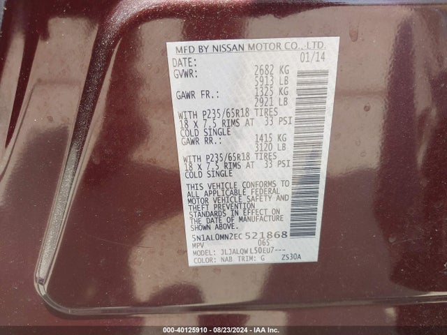 5N1AL0MN2EC521868 Infiniti QX60
