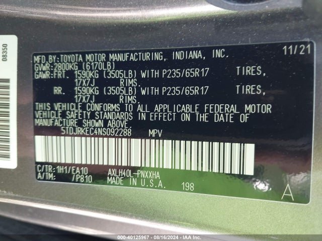 Toyota SIENNA XLE 2022 5TDJRKEC4NS092288 Image 9