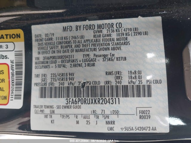 Ford Fusion Hybrid Titanium 2019 3FA6P0RUXKR204311 Image 9
