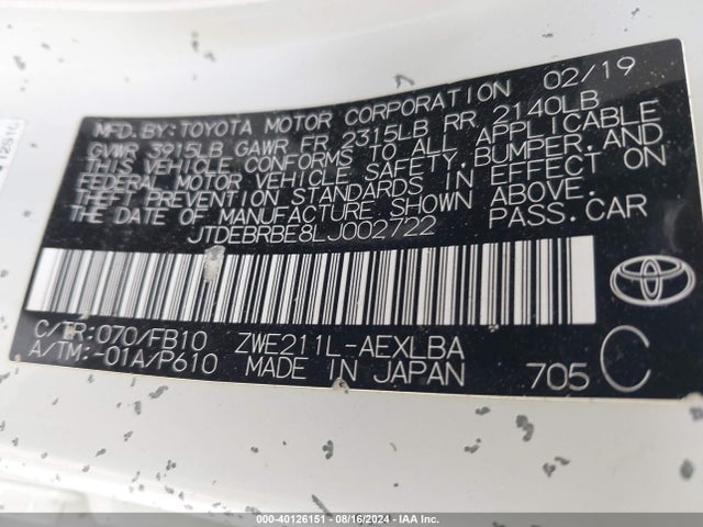 Toyota Corolla Hybrid Le 2020 JTDEBRBE8LJ002722 Image 9