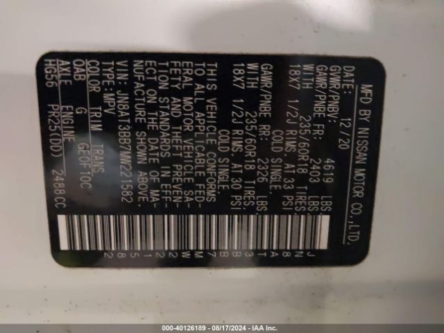 JN8AT3BB7MW221582 Nissan Rogue Sv Intelligent Awd