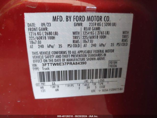 3FTTW8E37PRA84390 Ford Maverick Lariat