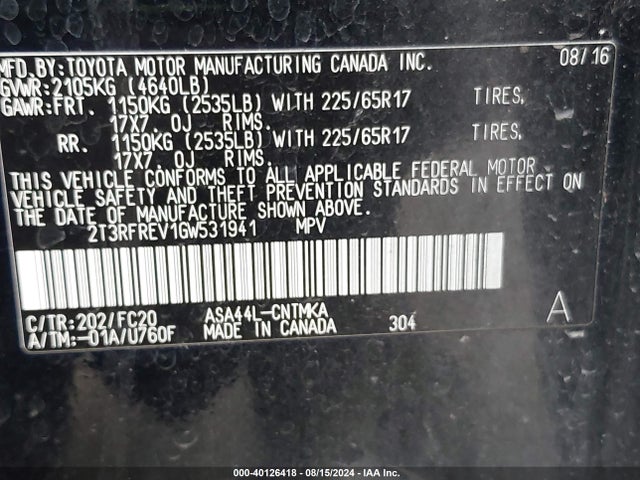 Toyota Rav4 Xle 2016 2T3RFREV1GW531941 Image 9