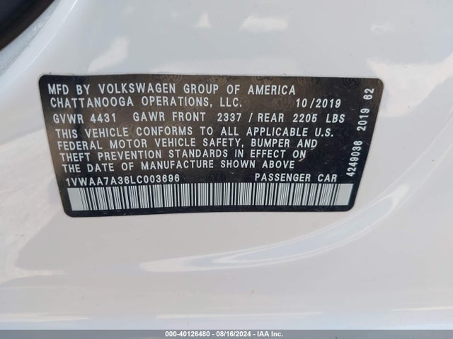 Volkswagen Passat 2.0t S 2020 1VWAA7A36LC003696 Image 9