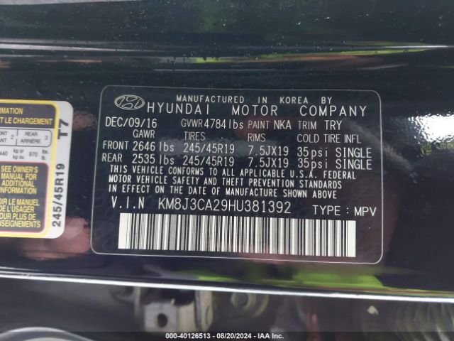 KM8J3CA29HU381392 Hyundai Tucson Limited