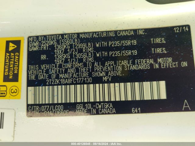2T2ZK1BA8FC177130 Lexus RX 350