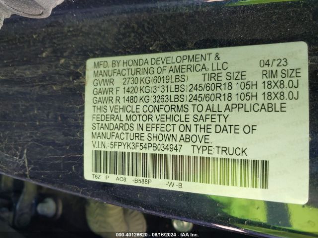 5FPYK3F54PB034947 Honda Ridgeline Rtl