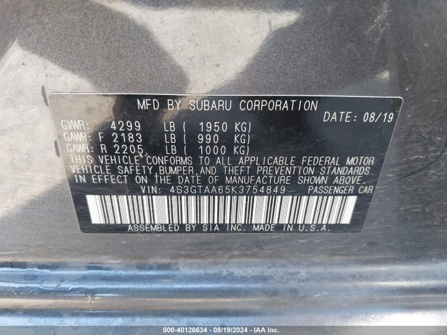 Subaru Impreza 2.0i 2019 4S3GTAA65K3754849 Image 9