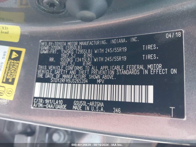 Toyota Highlander Limited Platinum 2018 5TDYZRFH9JS265394 Image 9