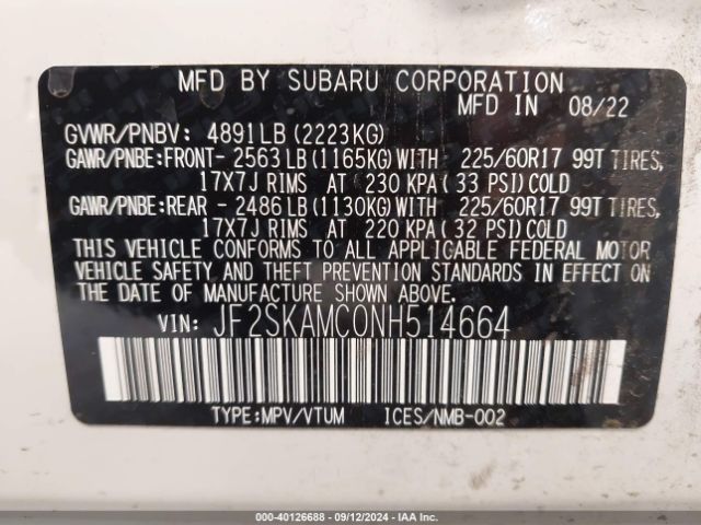 JF2SKAMC0NH514664 Subaru Forester Wilderness
