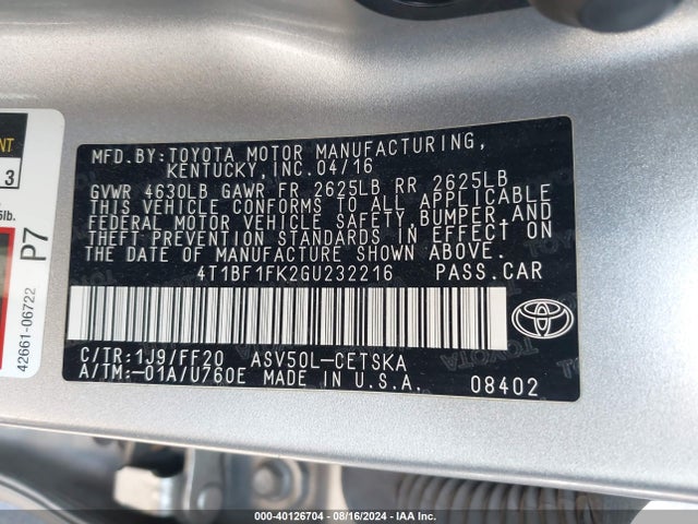 Toyota CAMRY SE 2016 4T1BF1FK2GU232216 Image 9