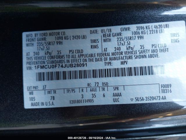 2018 FORD ESCAPE 1FMCU0F74JUB28091 Photo 8