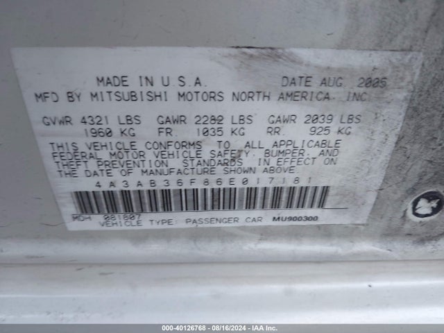 2006 MITSUBISHI GALANT 4A3AB36F86E017181 Photo 8